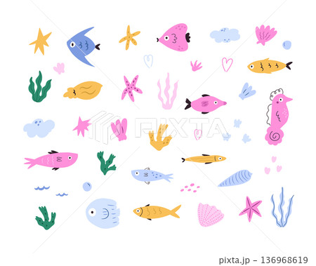 Vector undersea world set with colorful aquatic animals, seashells, tropical fish, corals and seaweed elements 136968619