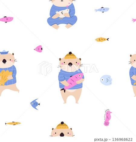 Cute Otter Character Repeating Background with Tropical Fish. 136968622