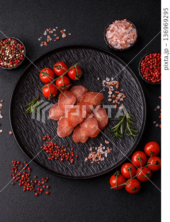 Sliced smoked dry sausage made from turkey or pork for sandwiches. Sliced smoked sausage 136969295