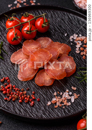 Sliced smoked dry sausage made from turkey or pork for sandwiches. Sliced smoked sausage Sliced smoked dry sausage made from turkey or pork for sandwiches. Sliced smoked sausage 136969300