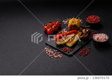 Vegetables. corn, bell peppers, zucchini, and mushrooms grilled or barbecued. Grilled vegetables Vegetables. corn, bell peppers, zucchini, and mushrooms grilled or barbecued. Grilled vegetables 136970170
