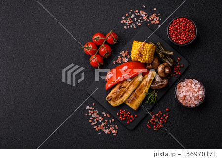Vegetables. corn, bell peppers, zucchini, and mushrooms grilled or barbecued. Grilled vegetables Vegetables. corn, bell peppers, zucchini, and mushrooms grilled or barbecued. Grilled vegetables 136970171