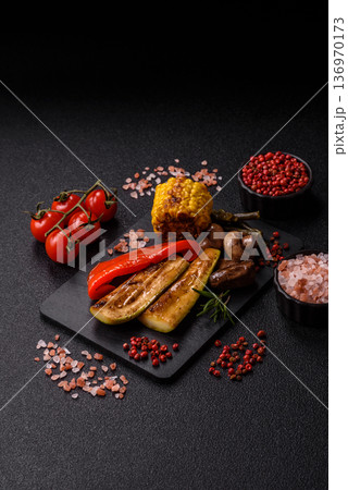 Vegetables. corn, bell peppers, zucchini, and mushrooms grilled or barbecued. Grilled vegetables Vegetables. corn, bell peppers, zucchini, and mushrooms grilled or barbecued. Grilled vegetables 136970173