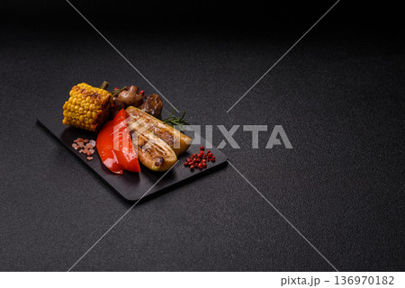 Vegetables. corn, bell peppers, zucchini, and mushrooms grilled or barbecued. Grilled vegetables 136970182