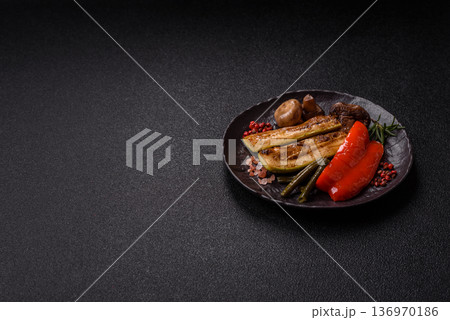 Vegetables. corn, bell peppers, zucchini, and mushrooms grilled or barbecued. Grilled vegetables 136970186