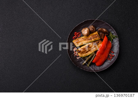 Vegetables. corn, bell peppers, zucchini, and mushrooms grilled or barbecued. Grilled vegetables Vegetables. corn, bell peppers, zucchini, and mushrooms grilled or barbecued. Grilled vegetables 136970187