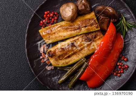 Vegetables. corn, bell peppers, zucchini, and mushrooms grilled or barbecued. Grilled vegetables 136970190