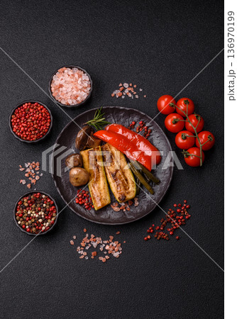 Vegetables. corn, bell peppers, zucchini, and mushrooms grilled or barbecued. Grilled vegetables 136970199