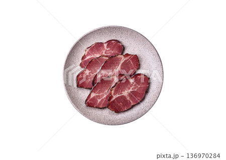 Meat, smoked ham, or pork sausage sliced for breakfast sandwiches. Sliced ham 136970284