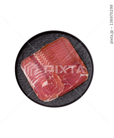 Meat, ham, jamon, or prosciutto sliced for breakfast bruschetta. Sliced ham, jamon, or prosciutto 136970299