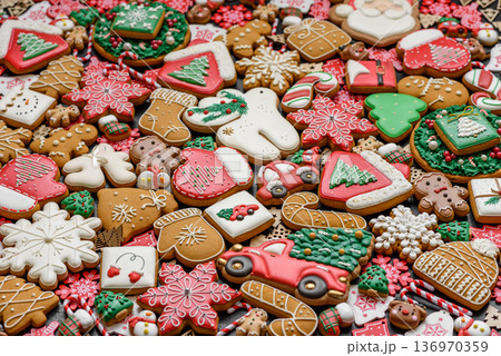 Christmas gingerbread cookies, sweet winter ginger cookies with ornament. Christmas gingerbread 136970359