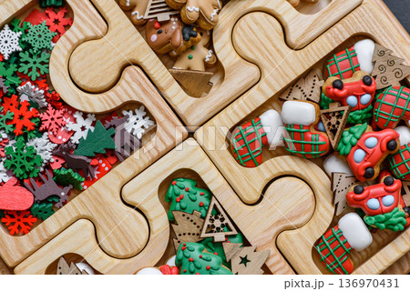 Christmas gingerbread cookies, sweet winter ginger cookies with ornament. Christmas gingerbread Christmas gingerbread cookies, sweet winter ginger cookies with ornament. Christmas gingerbread 136970431
