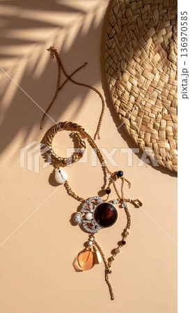 Elegant Gold Beaded Necklace with Shell Pendant on Beige Surface Under Palm Shadow 136970585