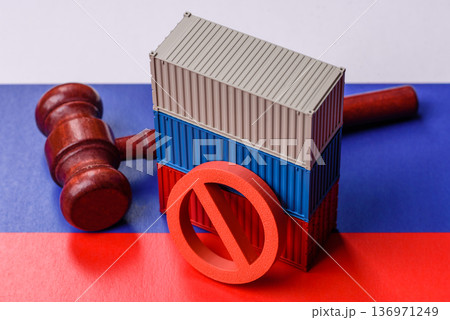 Containers on the russian flag as concept for embargoes and export bans. The russian export ban 136971249