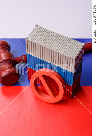 Containers on the russian flag as concept for embargoes and export bans. The russian export ban 136971250