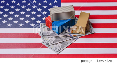 Cargo containers on the US flag as a conceptual backdrop for goods export and logistics. Cargo containers Cargo containers on the US flag as a conceptual backdrop for goods export and logistics. Cargo containers 136971261
