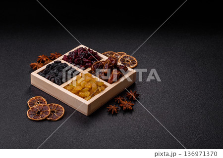 Dried fruits and berries, cranberries, dates, and raisins for a healthy diet. Dried berries and fruits 136971370
