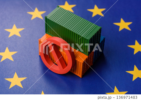 The cargo container embargo on the EU flag as a backdrop for your design The cargo container embargo on the EU flag as a backdrop for your design 136971483