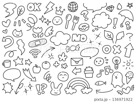 ゆるくてかわいい　手描きの落書きセット　線画のみ 136971922