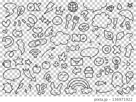 ゆるくてかわいい　手描きの落書きセット　線画のみ 136971922