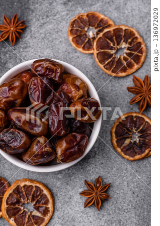 Dried sweet dates, natural tropical fruits for a healthy diet. Dried dates 136972029
