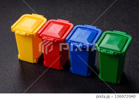 Bins for trash or garbage, selective and recycling waste disposal. Bins for trash or waste Bins for trash or garbage, selective and recycling waste disposal. Bins for trash or waste 136972040
