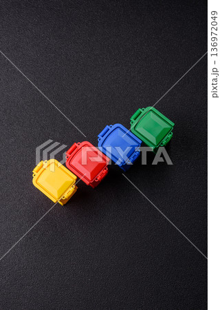 Bins for trash or garbage, selective and recycling waste disposal. Bins for trash or waste Bins for trash or garbage, selective and recycling waste disposal. Bins for trash or waste 136972049