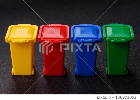 Bins for trash or garbage, selective and recycling waste disposal. Bins for trash or waste Bins for trash or garbage, selective and recycling waste disposal. Bins for trash or waste 136972052
