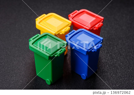 Bins for trash or garbage, selective and recycling waste disposal. Bins for trash or waste Bins for trash or garbage, selective and recycling waste disposal. Bins for trash or waste 136972062