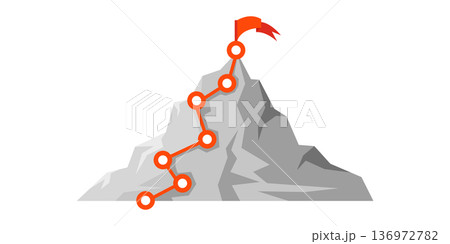 Mountain climbing route with flag business success Mountain climbing route with flag business success 136972782