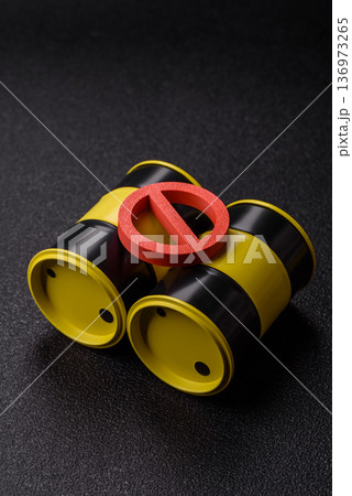 Metal barrels containing oil, gas, or chemicals, with a prohibition sign. Oil barrels Metal barrels containing oil, gas, or chemicals, with a prohibition sign. Oil barrels 136973265