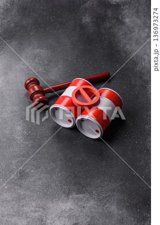 Metal barrels containing oil, gas, or chemicals, with a prohibition sign. Oil barrels Metal barrels containing oil, gas, or chemicals, with a prohibition sign. Oil barrels 136973274
