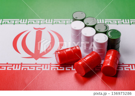Metal barrels of oil, gas, or chemicals on the Iranian flag, Iran production. Barrels of Iranian oil 136973286