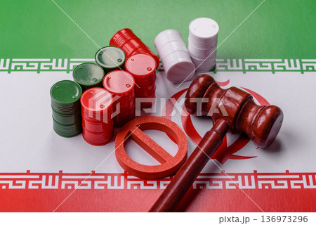 Barrels of oil, gas, or chemicals bearing the Iranian flag and a ban sign. Barrels of Iranian oil Barrels of oil, gas, or chemicals bearing the Iranian flag and a ban sign. Barrels of Iranian oil 136973296