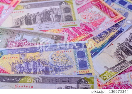 Iranian money, lira currency, banknotes of various denominations, financial transactions. Iran money 136973344