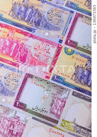 Iranian money, lira currency, banknotes of various denominations, financial transactions. Iran money 136973365