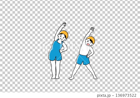 兒童身穿泳衣進行游泳熱身運動的插圖，泳池場景，手繪向量素材 136973522