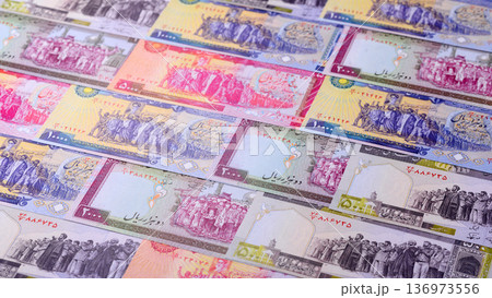 Iranian money, lira currency, banknotes of various denominations, financial transactions. Iran money 136973556