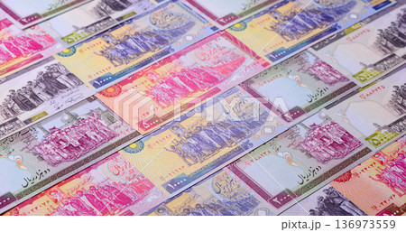 Iranian money, lira currency, banknotes of various denominations, financial transactions. Iran money 136973559
