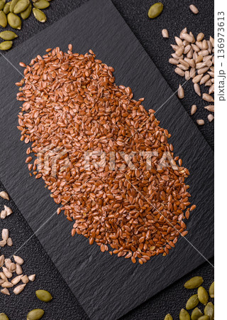Flaxseed as an ingredient for oil, organic flour, and healthy foods. Flax seeds 136973613