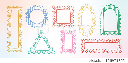 Bright color checkered line pattern wavy, zigzag edges geometric shapes, figures. Cute squiggle frames. Groovy vector frameworks, arch, circle. 136973765