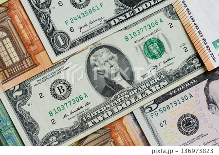 Euro and dollar banknotes, exchange, sales, economic tariffs and taxes. Euros and dollars 136973823