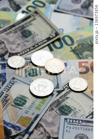 Euro and dollar banknotes, exchange, sales, economic tariffs and taxes. Euros and dollars 136973856