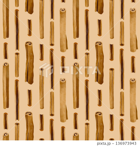 Hand-drawn watercolor seamless pattern made of cinnamon sticks on beige background, for packaging, branding, textile Hand-drawn watercolor seamless pattern made of cinnamon sticks on beige background, for packaging, branding, textile 136973943