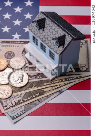 Real estate, conceptual background on the US flag, renting, investing, and business. Real estate Real estate, conceptual background on the US flag, renting, investing, and business. Real estate 136974042