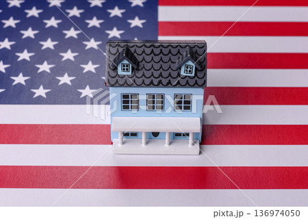 Real estate, conceptual background on the US flag, renting, investing, and business. Real estate 136974050