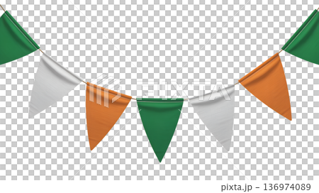 Festive bunting garland with flags in irish flag colors isolated on a transparent background. Perfect for st. patrick's day party decorations Festive bunting garland with flags in irish flag colors isolated on a transparent background. Perfect for st. patrick's day party decorations 136974089