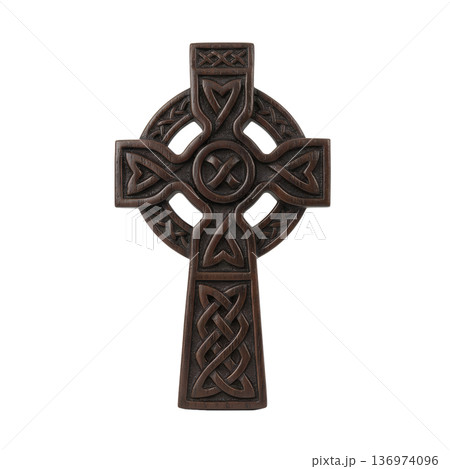 Intricate celtic cross featuring elaborate knotwork patterns and traditional spiral designs, isolated. Ideal for irish heritage and religious themes 136974096