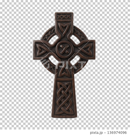 Intricate celtic cross featuring elaborate knotwork patterns and traditional spiral designs, isolated. Ideal for irish heritage and religious themes 136974096