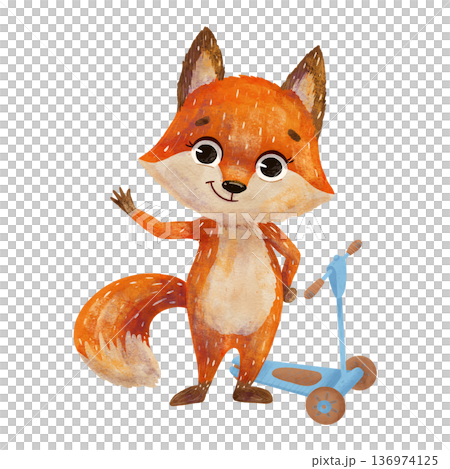 A red fox cub, a cartoon character with a scooter in a flat style. Watercolor, pastel, gouache. Design element for children's products: printing A red fox cub, a cartoon character with a scooter in a flat style. Watercolor, pastel, gouache. Design element for children's products: printing 136974125